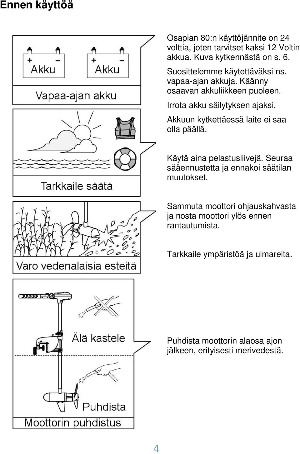 Akkuun kytkettäessä laite ei saa olla päällä. Käytä aina pelastusliivejä. Seuraa sääennustetta ja ennakoi säätilan muutokset.