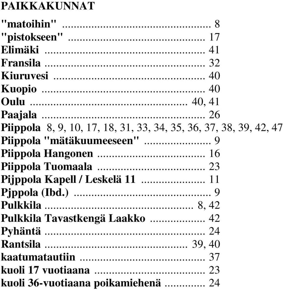 .. 9 Piippola Hangonen... 16 Piippola Tuomaala... 23 Pijppola Kapell / Leskelä 11... 11 Pjppola (Ibd.)... 9 Pulkkila.
