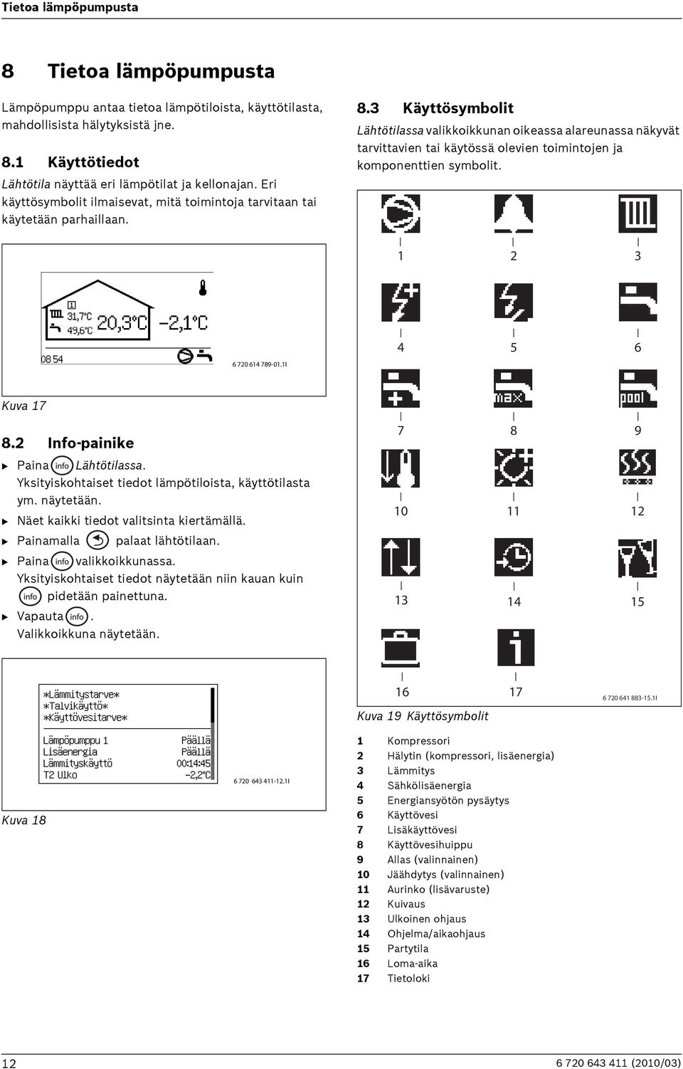 3 Käyttösymbolit Lähtötilassa valikkoikkunan oikeassa alareunassa näkyvät tarvittavien tai käytössä olevien toimintojen ja komponenttien symbolit. 1 2 3 6 720 614 789-01.1I 4 5 6 Kuva 17 8.