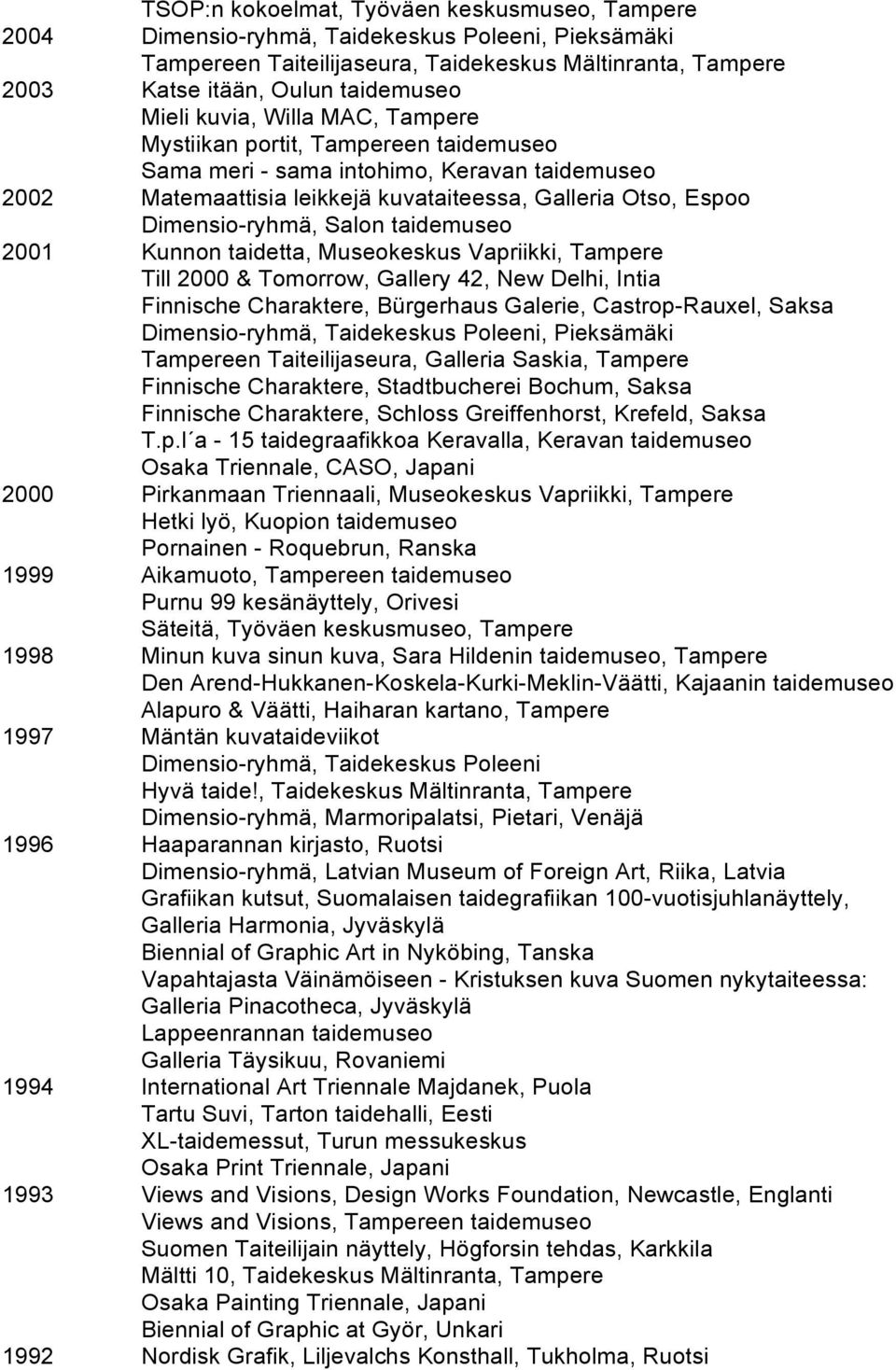 Tampere Till 2000 & Tomorrow, Gallery 42, New Delhi, Intia Finnische Charaktere, Bürgerhaus Galerie, Castrop-Rauxel, Saksa Dimensio-ryhmä, Taidekeskus Poleeni, Pieksämäki Tampereen Taiteilijaseura,