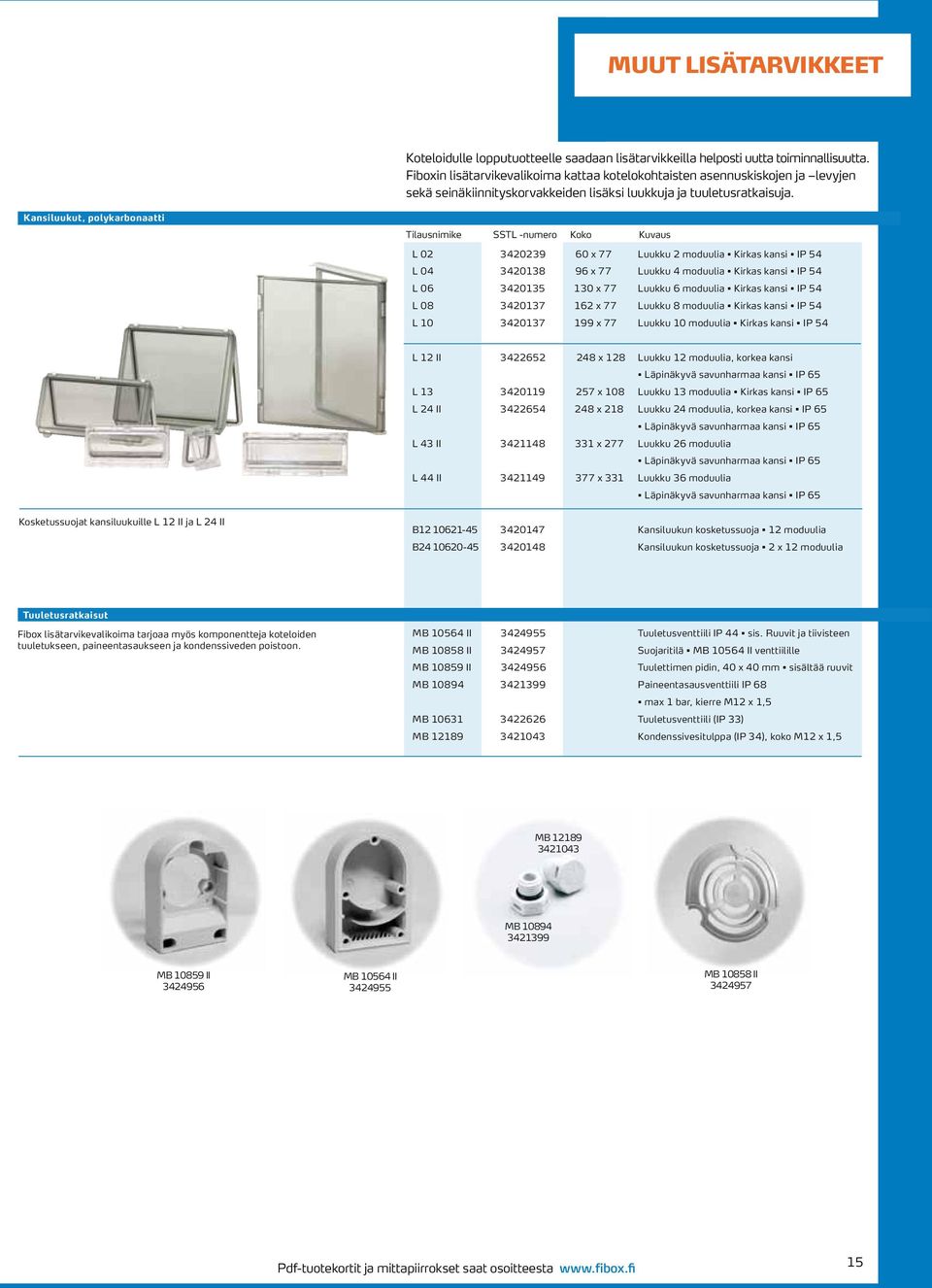 Kansiluukut, polykarbonaatti SSTL -numero Koko Kuvaus L 02 3420239 60 x 77 Luukku 2 moduulia Kirkas kansi IP 54 L 04 3420138 96 x 77 Luukku 4 moduulia Kirkas kansi IP 54 L 06 3420135 1 x 77 Luukku 6