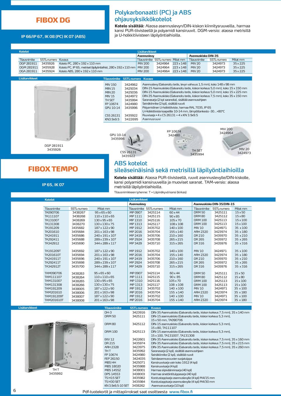 Kotelot Lisätarvikkeet Asennuslevy Asennuskisko DIN-35 SSTL-numero Kuvaus SSTL-numero SSTL-numero DGP 281911 3435926 Kotelo PC, 2 x 192 x 110 MIV 200 3424964 223 x 148 MIV 20 3424973 35 x 225 DGM