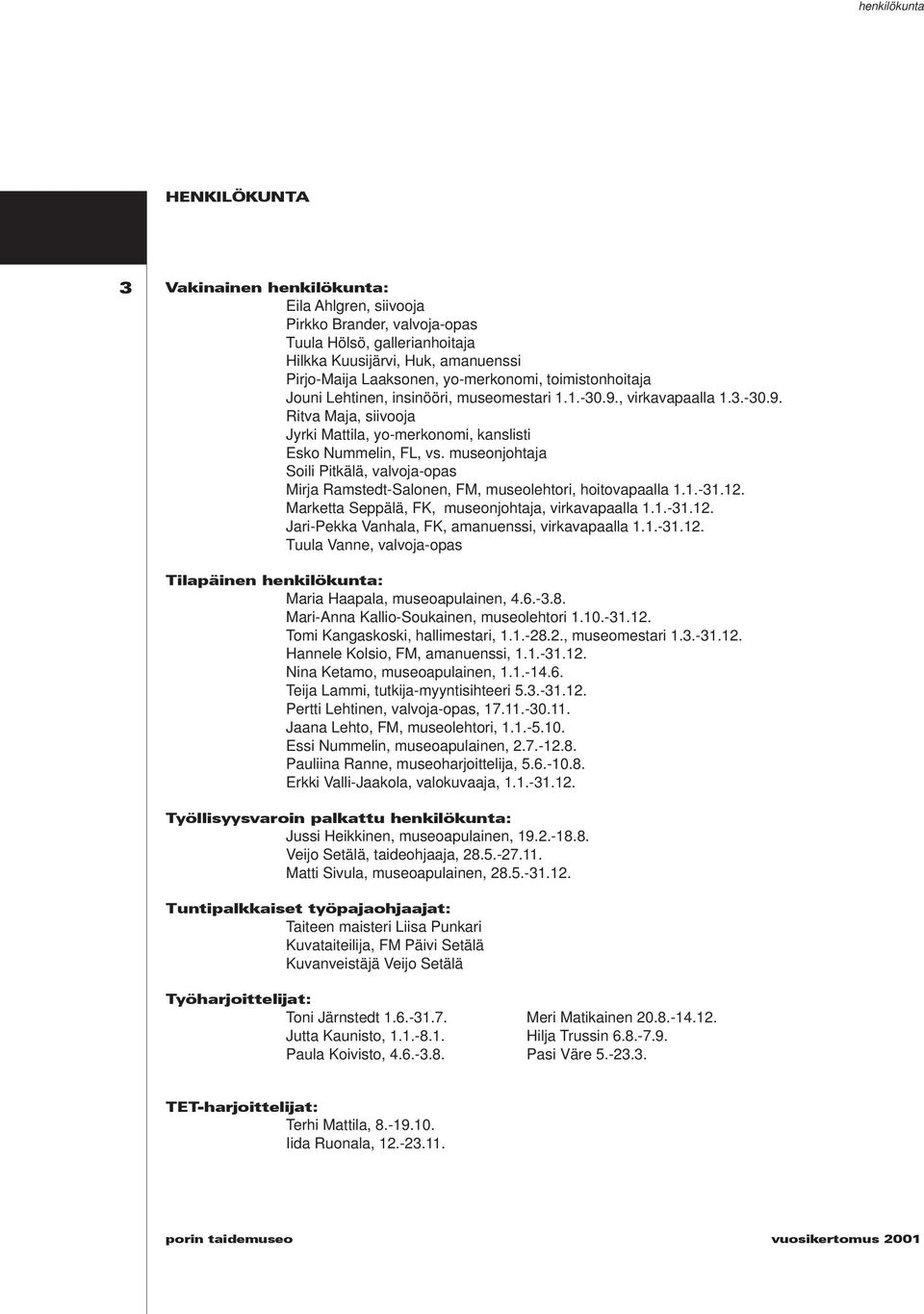 museonjohtaja Soili Pitkälä, valvoja-opas Mirja Ramstedt-Salonen, FM, museolehtori, hoitovapaalla 1.1.-31.12. Marketta Seppälä, FK, museonjohtaja, virkavapaalla 1.1.-31.12. Jari-Pekka Vanhala, FK, amanuenssi, virkavapaalla 1.