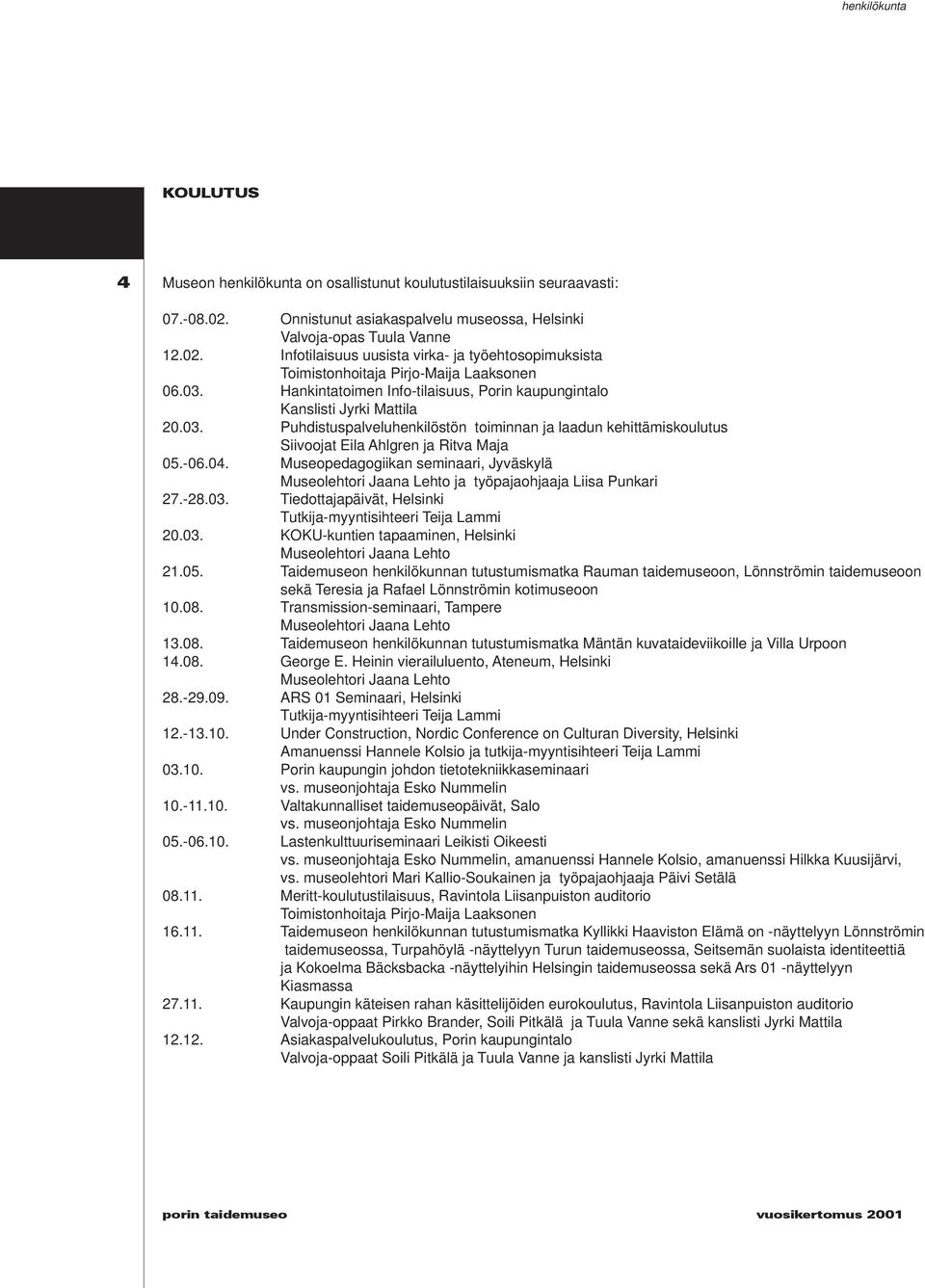 Museopedagogiikan seminaari, Jyväskylä Museolehtori Jaana Lehto ja työpajaohjaaja Liisa Punkari 27.-28.03. Tiedottajapäivät, Helsinki Tutkija-myyntisihteeri Teija Lammi 20.03. KOKU-kuntien tapaaminen, Helsinki Museolehtori Jaana Lehto 21.