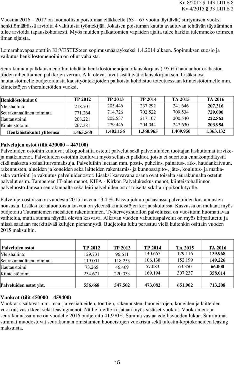 Lomarahavapaa otettiin KirVESTES:een sopimusmääräykseksi 1.4.2014 alkaen. Sopimuksen suosio ja vaikutus henkilöstömenoihin on ollut vähäistä.