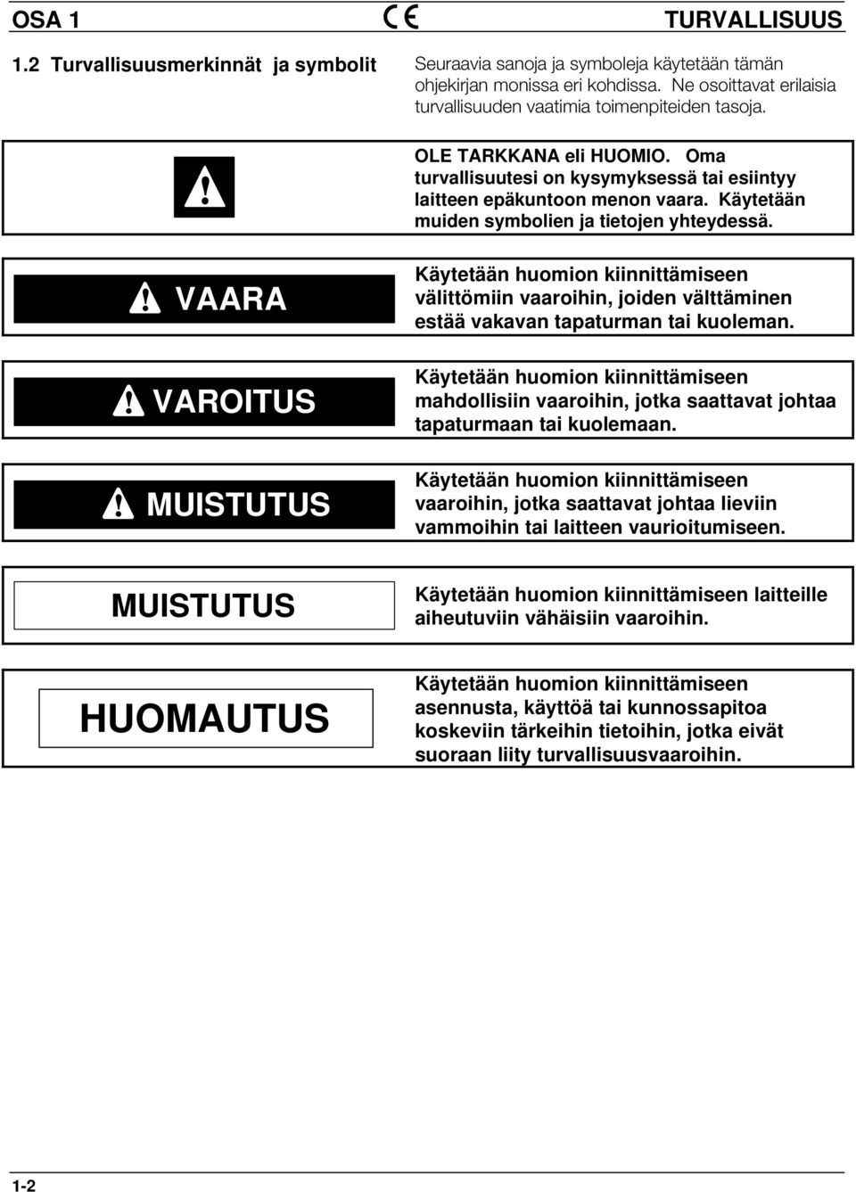 Käytetään muiden symbolien ja tietojen yhteydessä. Käytetään huomion kiinnittämiseen välittömiin vaaroihin, joiden välttäminen estää vakavan tapaturman tai kuoleman.