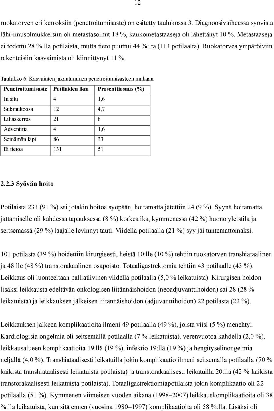 Kasvainten jakautuminen penetroitumisasteen mukaan.