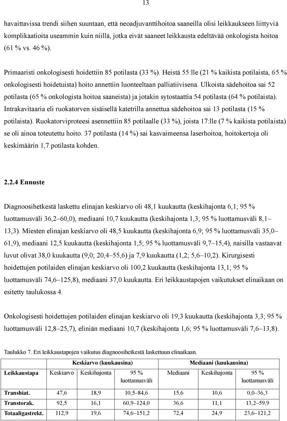 Ulkoista sädehoitoa sai 52 potilasta (65 % onkologista hoitoa saaneista) ja jotakin sytostaattia 54 potilasta (64 % potilaista).