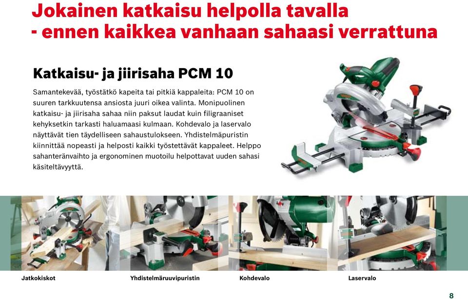 Monipuolinen katkaisu- ja jiirisaha sahaa niin paksut laudat kuin filigraaniset kehyksetkin tarkasti haluamaasi kulmaan.