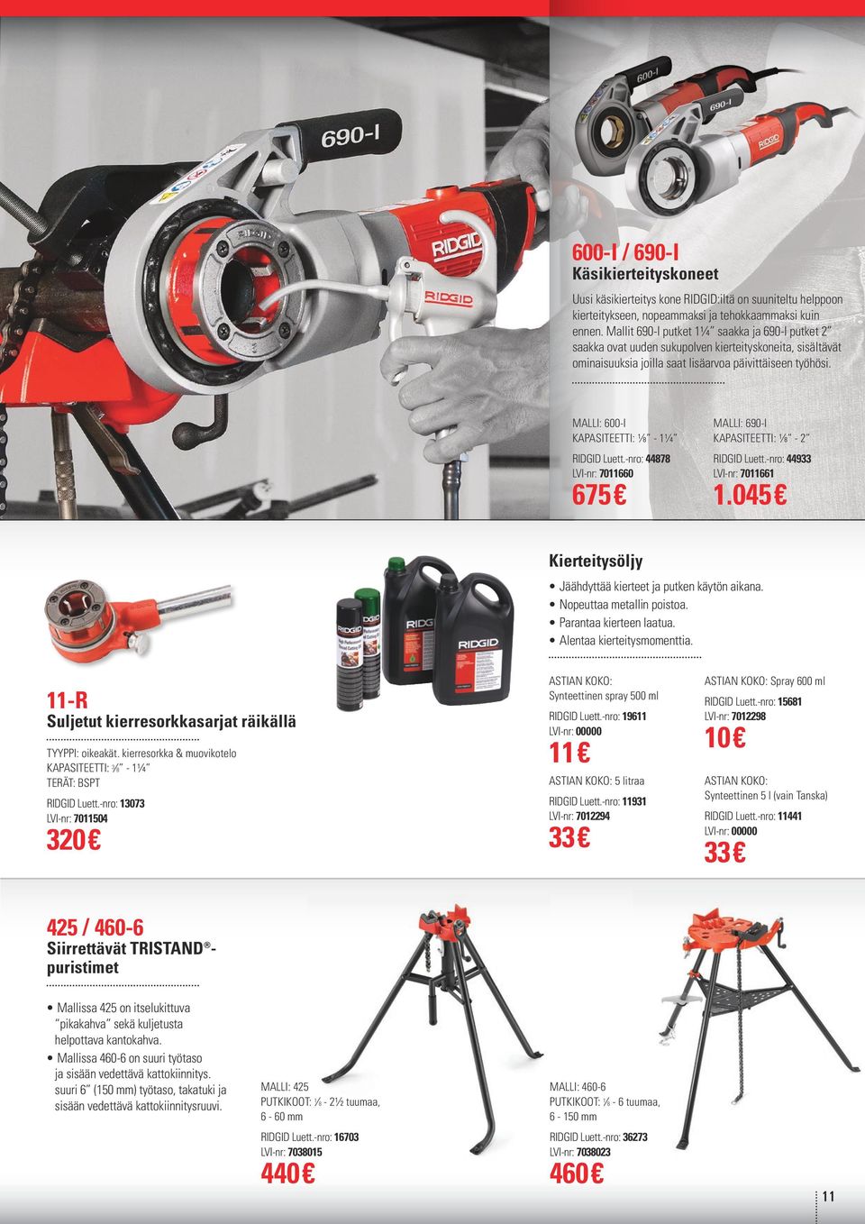 MALLI: 600-I KAPASITEETTI: ⅛ - 1¼ RIDGID Luett.-nro: 44878 LVI-nr: 7011660 675 MALLI: 690-I KAPASITEETTI: ⅛ - 2 RIDGID Luett.-nro: 44933 LVI-nr: 7011661 1.