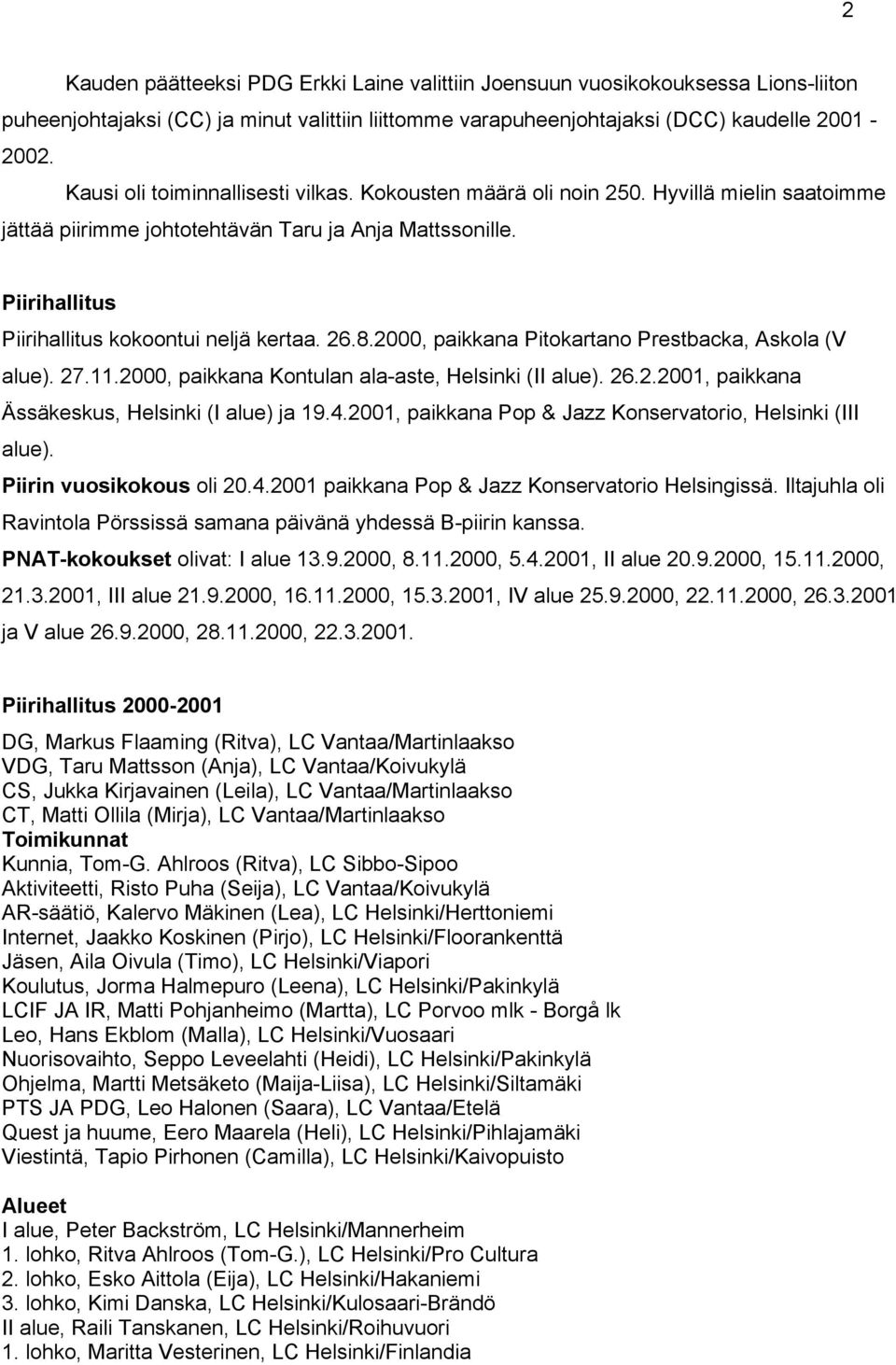 26.8.2000, paikkana Pitokartano Prestbacka, Askola (V alue). 27.11.2000, paikkana Kontulan ala-aste, Helsinki (II alue). 26.2.2001, paikkana Ässäkeskus, Helsinki (I alue) ja 19.4.