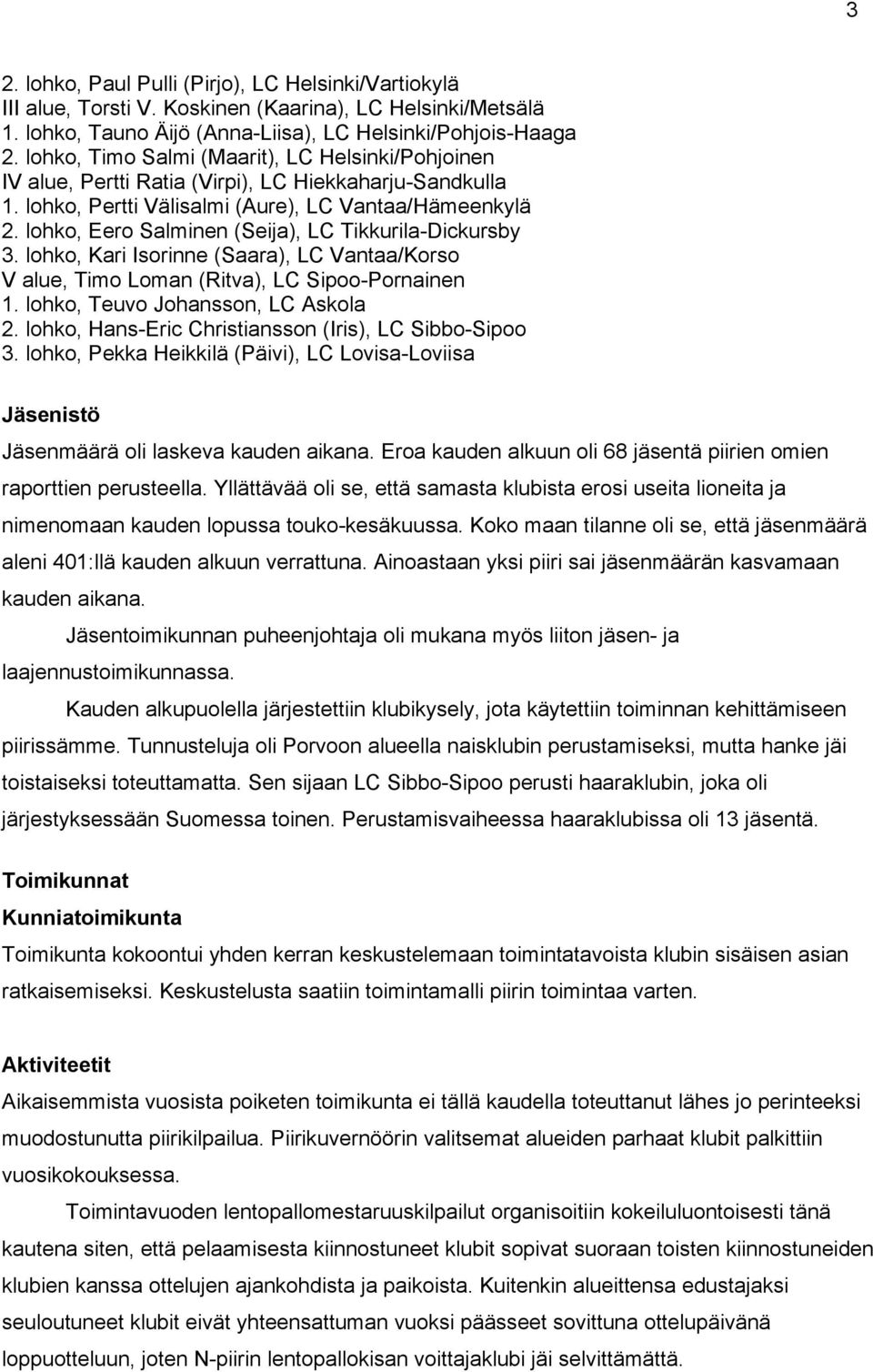 lohko, Eero Salminen (Seija), LC Tikkurila-Dickursby 3. lohko, Kari Isorinne (Saara), LC Vantaa/Korso V alue, Timo Loman (Ritva), LC Sipoo-Pornainen 1. lohko, Teuvo Johansson, LC Askola 2.