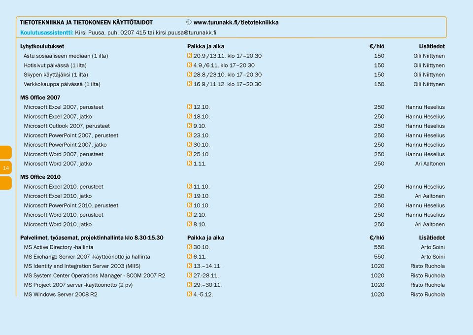 9./11.12. klo 17 20.30 150 Oili Niittynen 14 MS Office 2007 Microsoft Excel 2007, perusteet K 12.10. 250 Hannu Heselius Microsoft Excel 2007, jatko K 18.10. 250 Hannu Heselius Microsoft Outlook 2007, perusteet K 9.