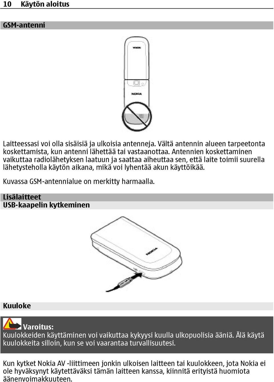 Kuvassa GSM-antennialue on merkitty harmaalla. Lisälaitteet USB-kaapelin kytkeminen Kuuloke Varoitus: Kuulokkeiden käyttäminen voi vaikuttaa kykyysi kuulla ulkopuolisia ääniä.