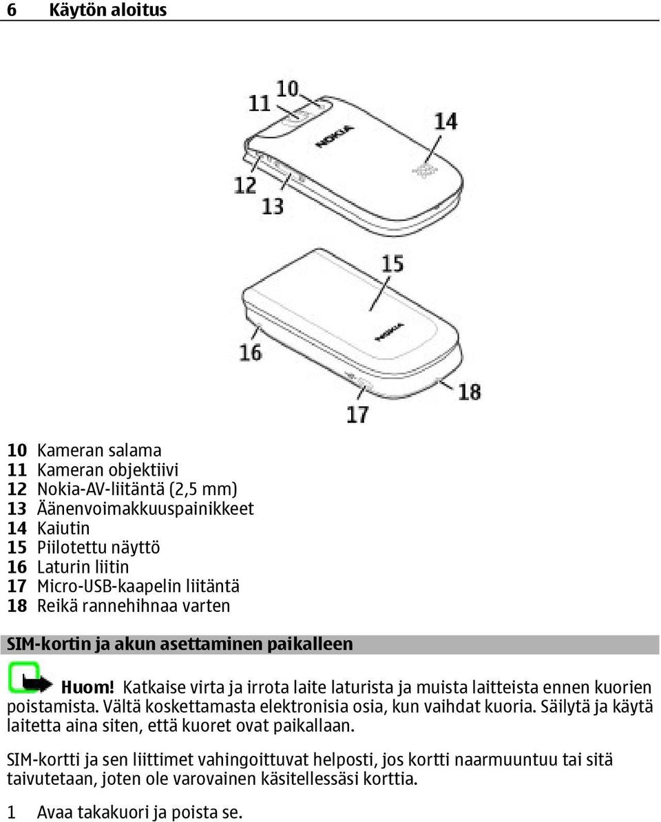 Katkaise virta ja irrota laite laturista ja muista laitteista ennen kuorien poistamista. Vältä koskettamasta elektronisia osia, kun vaihdat kuoria.