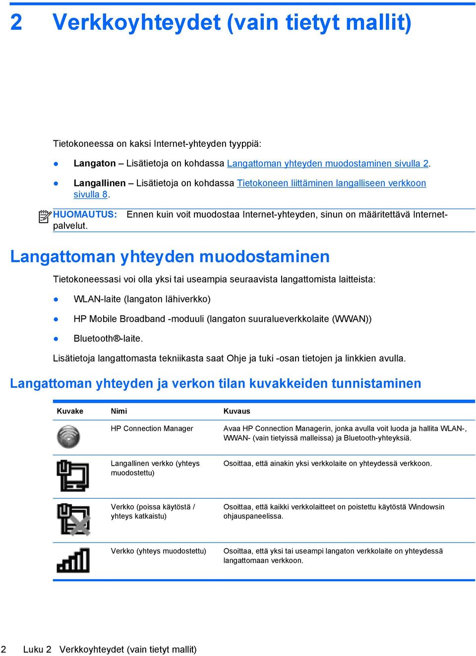 Langattoman yhteyden muodostaminen Tietokoneessasi voi olla yksi tai useampia seuraavista langattomista laitteista: WLAN-laite (langaton lähiverkko) HP Mobile Broadband -moduuli (langaton