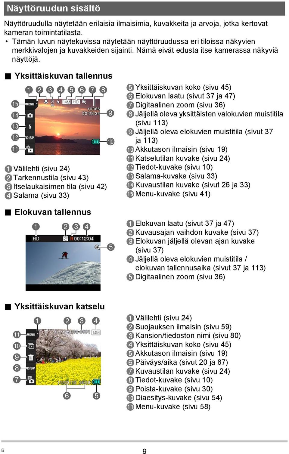 . Yksittäiskuvan tallennus bp bo bn bm bl 1 2 3 4 5 6 7 8 1Välilehti (sivu 24) 2Tarkennustila (sivu 43) 3Itselaukaisimen tila (sivu 42) 4Salama (sivu 33) 9 bk 5Yksittäiskuvan koko (sivu 45) 6Elokuvan