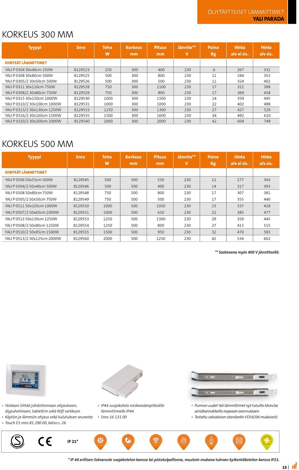 30x80cm 750W 8129529 750 300 800 230 17 369 458 YALI P 0315 30x150cm 1000W 8129530 1000 300 1500 230 14 359 445 YALI P 0310/2 30x100cm 1000W 8129531 1000 300 1000 230 22 402 498 YALI P 0313/2