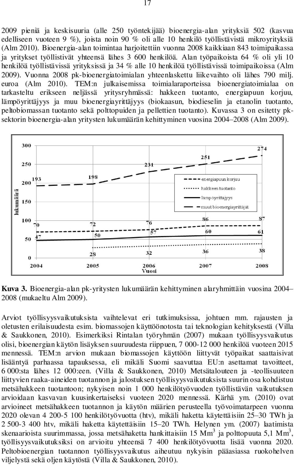 Alan työpaikoista 64 % oli yli 10 henkilöä työllistävissä yrityksissä ja 34 % alle 10 henkilöä työllistävissä toimipaikoissa (Alm 2009).