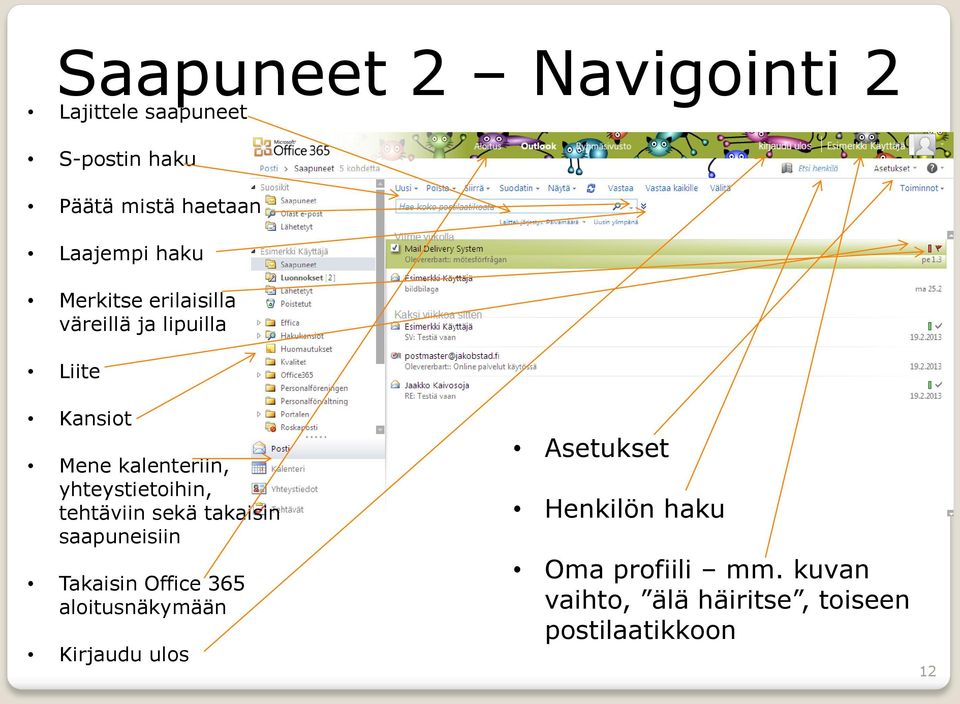 yhteystietoihin, tehtäviin sekä takaisin saapuneisiin Takaisin Office 365 aloitusnäkymään