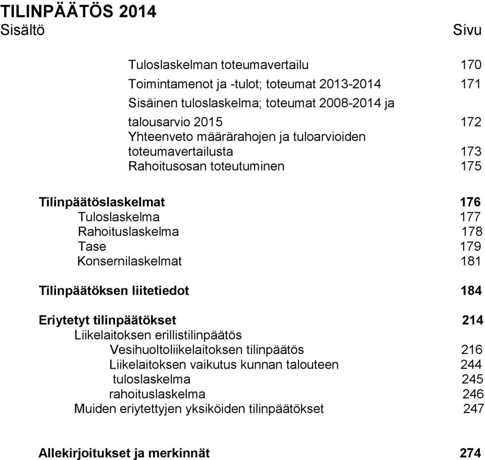 Rahoituslaskelma 178 Tase 179 Konsernilaskelmat 181 Tilinpäätöksen liitetiedot 184 Eriytetyt tilinpäätökset 214 Liikelaitoksen erillistilinpäätös