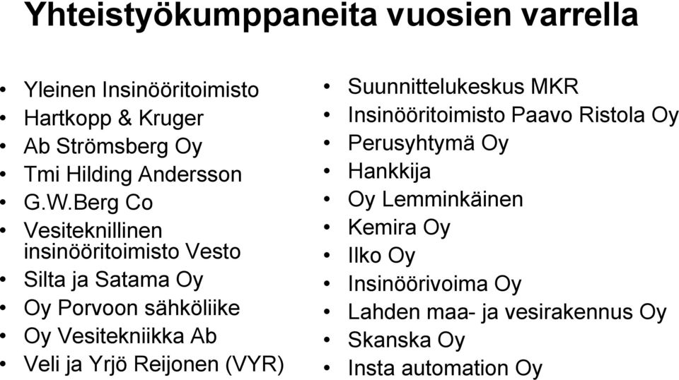 Berg Co Vesiteknillinen insinööritoimisto Vesto Silta ja Satama Oy Oy Porvoon sähköliike Oy Vesitekniikka Ab Veli