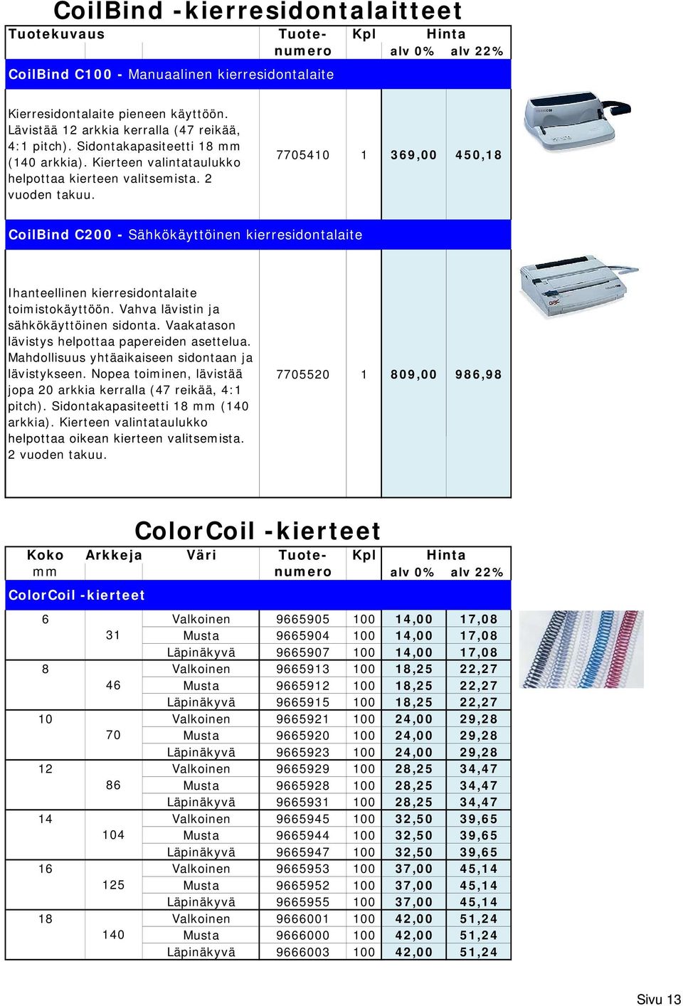 7705410 1 369,00 450,18 CoilBind C200 - Sähkökäyttöinen kierresidontalaite Ihanteellinen kierresidontalaite toimistokäyttöön. Vahva lävistin ja sähkökäyttöinen sidonta.