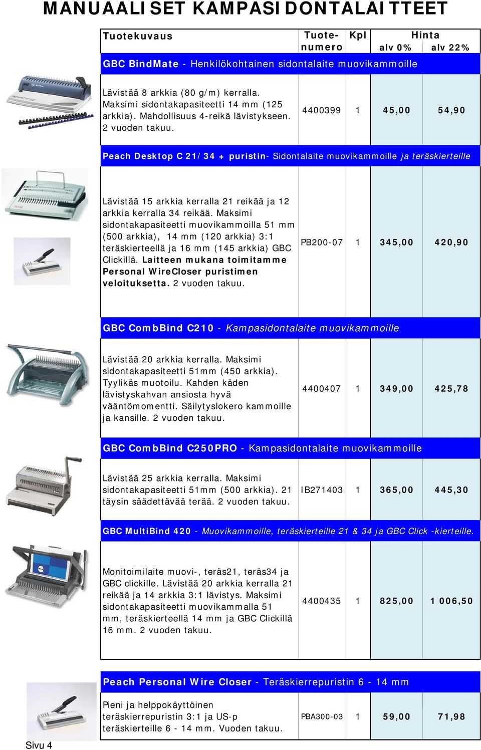 4400399 1 45,00 54,90 Peach Desktop C 21/34 + puristin- Sidontalaite muovikammoille ja teräskierteille Lävistää 15 arkkia kerralla 21 reikää ja 12 arkkia kerralla 34 reikää.