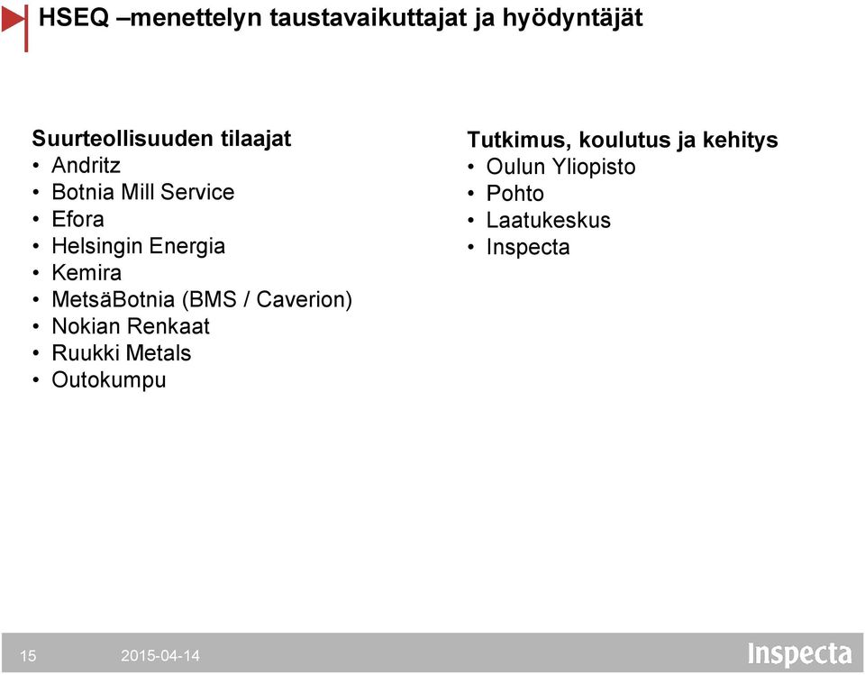 MetsäBotnia (BMS / Caverion) Nokian Renkaat Ruukki Metals Outokumpu