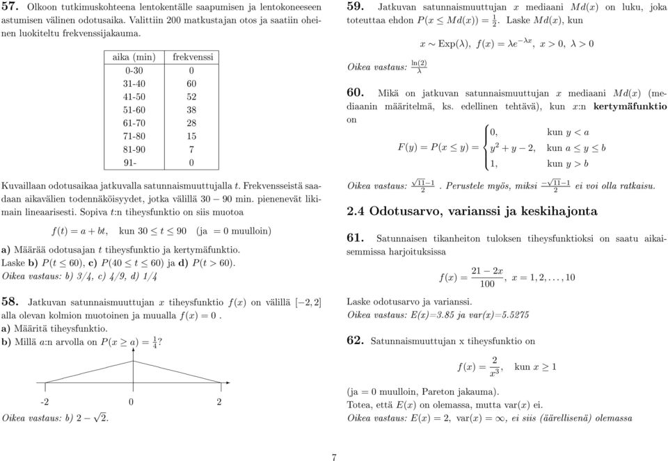 Frekvensseistä saadaan aikavälien todennäköisyydet, jotka välillä 30 90 min. pienenevät likimain lineaarisesti.