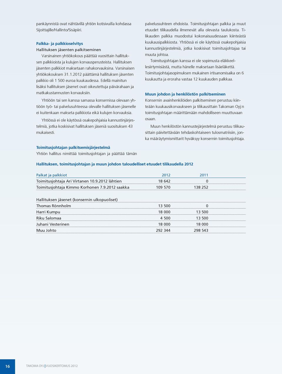 Hallituksen jäsenten palkkiot maksetaan rahakorvauksina. Varsinaisen yhtiökokouksen 31.1.2012 päättämä hallituksen jäsenten palkkio oli 1 500 euroa kuukaudessa.