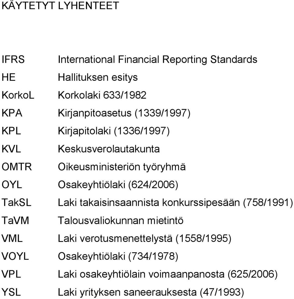 Osakeyhtiölaki (624/2006) TakSL Laki takaisinsaannista konkurssipesään (758/1991) TaVM Talousvaliokunnan mietintö VML Laki