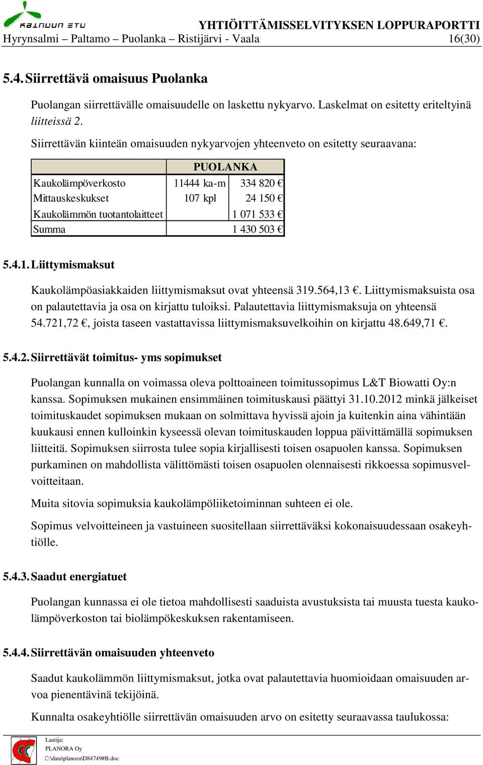 Summa 1 430 503 5.4.1. Liittymismaksut Kaukolämpöasiakkaiden liittymismaksut ovat yhteensä 319.564,13. Liittymismaksuista osa on palautettavia ja osa on kirjattu tuloiksi.