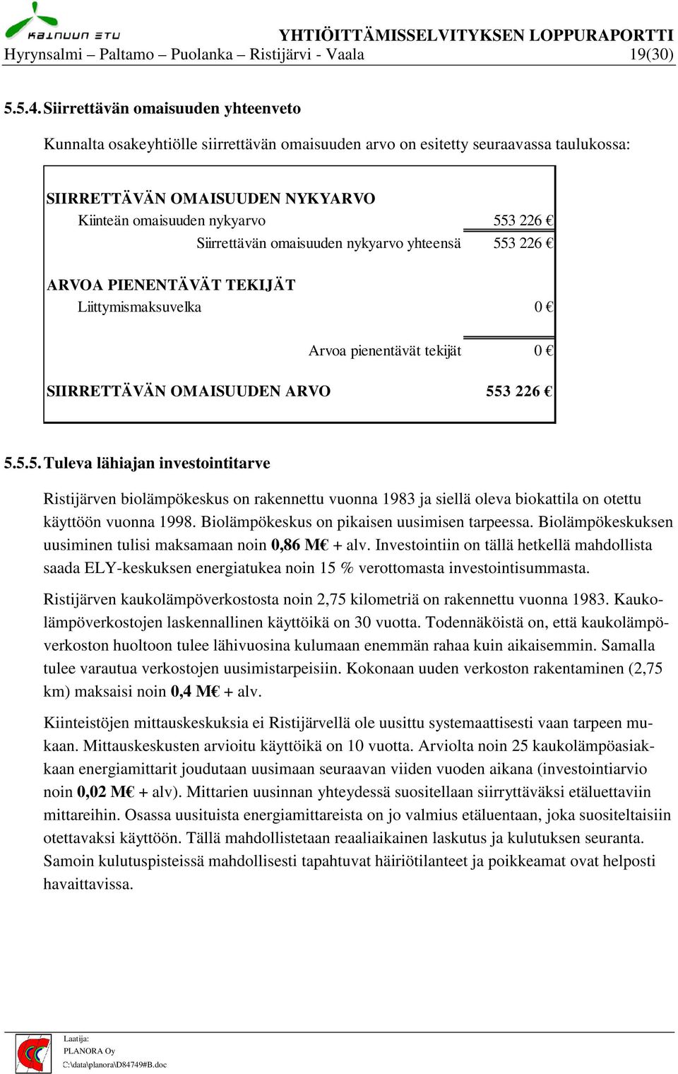 Siirrettävän omaisuuden nykyarvo yhteensä 553 226 ARVOA PIENENTÄVÄT TEKIJÄT Liittymismaksuvelka 0 Arvoa pienentävät tekijät 0 SIIRRETTÄVÄN OMAISUUDEN ARVO 553 226 5.5.5. Tuleva lähiajan investointitarve Ristijärven biolämpökeskus on rakennettu vuonna 1983 ja siellä oleva biokattila on otettu käyttöön vuonna 1998.