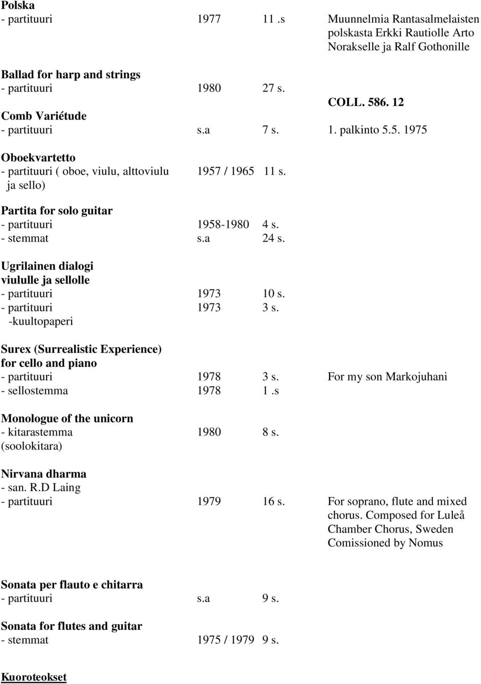 - stemmat s.a 24 s. Ugrilainen dialogi viululle ja sellolle - partituuri 1973 10 s. - partituuri 1973 3 s. -kuultopaperi Surex (Surrealistic Experience) for cello and piano - partituuri 1978 3 s.