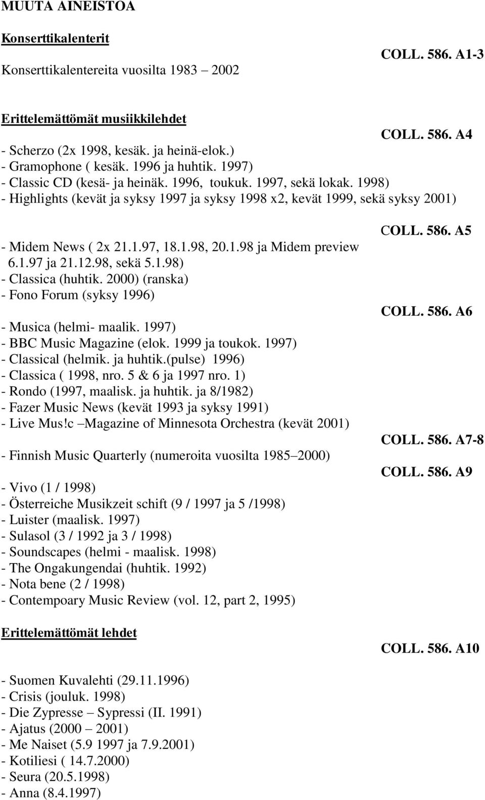 1998) - Highlights (kevät ja syksy 1997 ja syksy 1998 x2, kevät 1999, sekä syksy 2001) - Midem News ( 2x 21.1.97, 18.1.98, 20.1.98 ja Midem preview 6.1.97 ja 21.12.98, sekä 5.1.98) - Classica (huhtik.