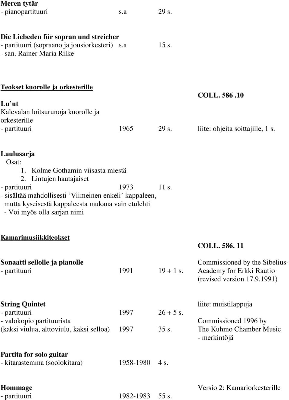 Lintujen hautajaiset - partituuri 1973 11 s.