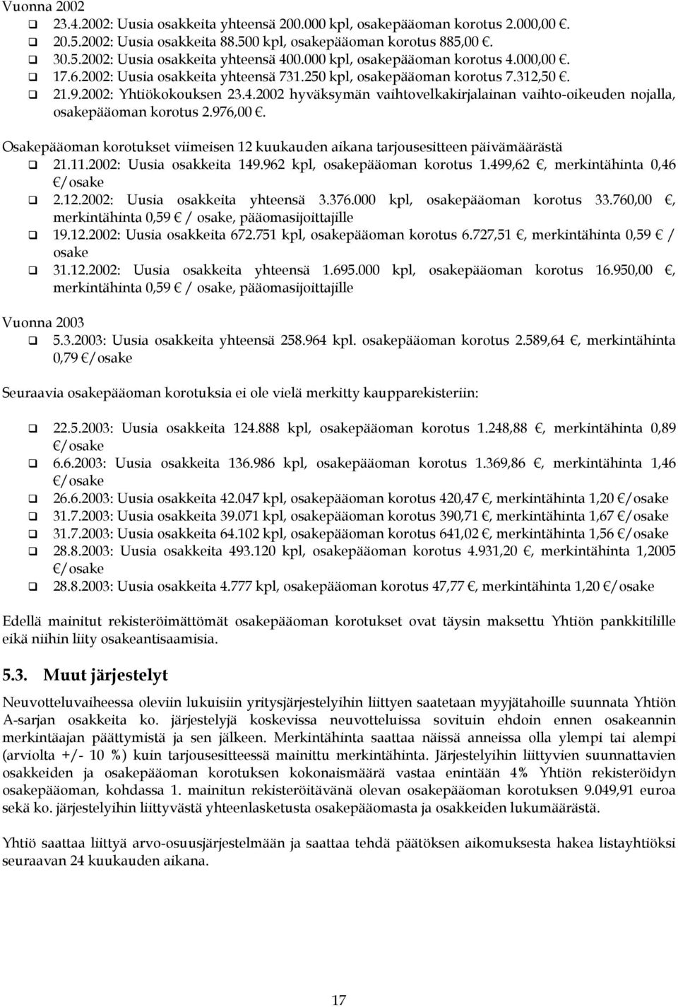 976,00. Osakepääoman korotukset viimeisen 12 kuukauden aikana tarjousesitteen päivämäärästä 21.11.2002: Uusia osakkeita 149.962 kpl, osakepääoman korotus 1.499,62, merkintähinta 0,46 /osake 2.12.2002: Uusia osakkeita yhteensä 3.