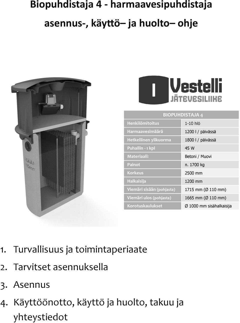hlö 1200 l / päivässä 1800 l / päivässä 45 W Betoni / Muovi n.