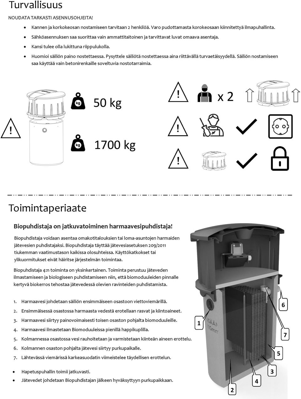 Pysyttele säiliötä nostettaessa aina riittävällä turvaetäisyydellä. Säiliön nostamiseen saa käyttää vain betonirenkaille soveltuvia nostotarraimia.