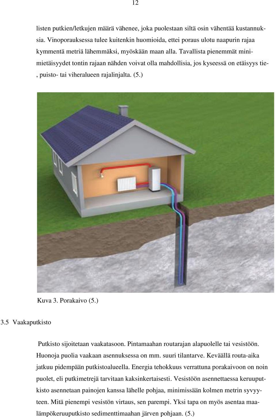 Tavallista pienemmät minimietäisyydet tontin rajaan nähden voivat olla mahdollisia, jos kyseessä on etäisyys tie-, puisto- tai viheralueen rajalinjalta. (5.) Kuva 3. Porakaivo (5.) 3.