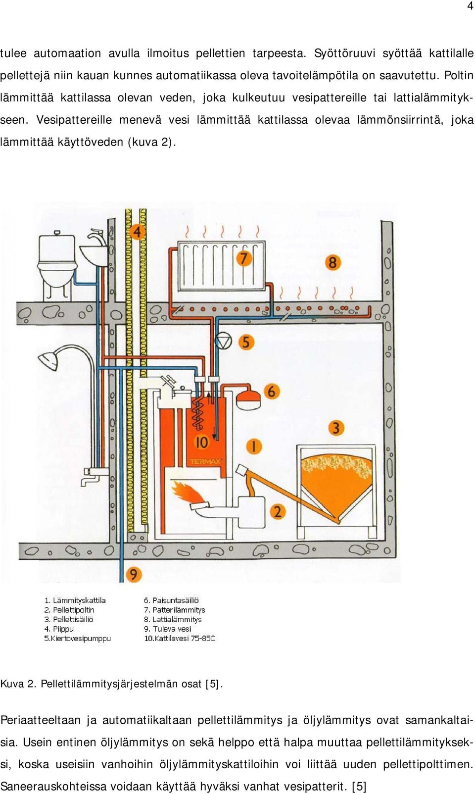 Vesipattereille menevä vesi lämmittää kattilassa olevaa lämmönsiirrintä, joka lämmittää käyttöveden (kuva 2). Kuva 2. Pellettilämmitysjärjestelmän osat [5].