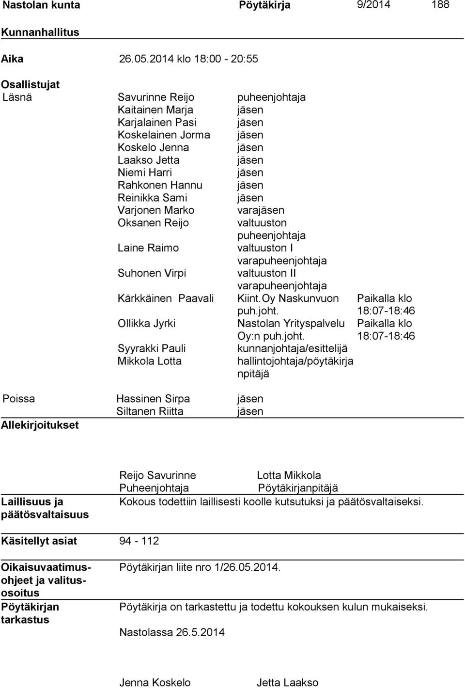 Rahkonen Hannu jäsen Reinikka Sami jäsen Varjonen Marko varajäsen Oksanen Reijo valtuuston puheenjohtaja Laine Raimo valtuuston I varapuheenjohtaja Suhonen Virpi valtuuston II varapuheenjohtaja