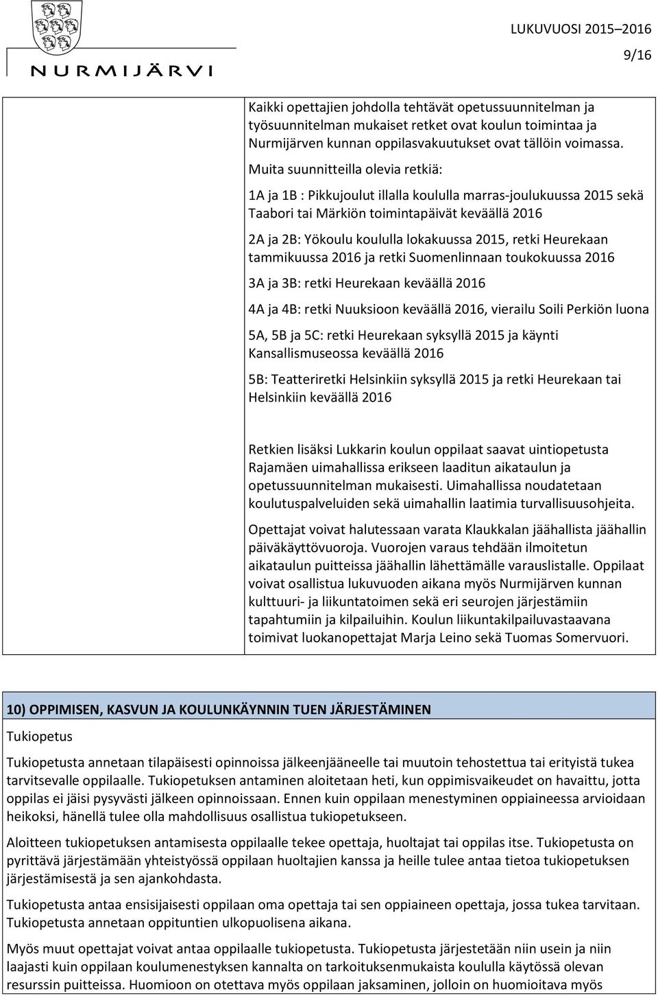 retki Heurekaan tammikuussa 2016 ja retki Suomenlinnaan toukokuussa 2016 3A ja 3B: retki Heurekaan keväällä 2016 4A ja 4B: retki Nuuksioon keväällä 2016, vierailu Soili Perkiön luona 5A, 5B ja 5C: