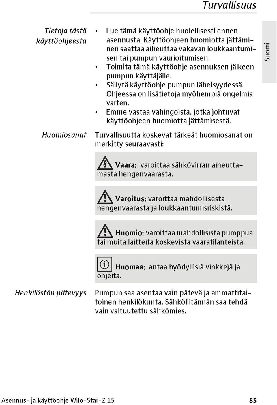 Säilytä käyttöohje pumpun läheisyydessä. Ohjeessa on lisätietoja myöhempiä ongelmia varten. Emme vastaa vahingoista, jotka johtuvat käyttöohjeen huomiotta jättämisestä.