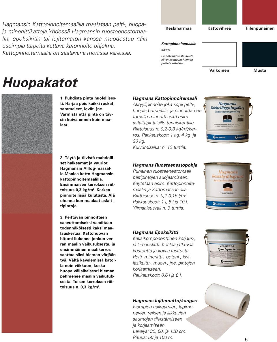 Keskiharmaa Kattopinnoitemaalin sävyt Painoteknillisistä syistä sävyt saattavat hieman poiketa oikeista. Kattovihreä Tiilenpunainen Huopakatot Valkoinen Musta 1. Puhdista pinta huolellisesti.