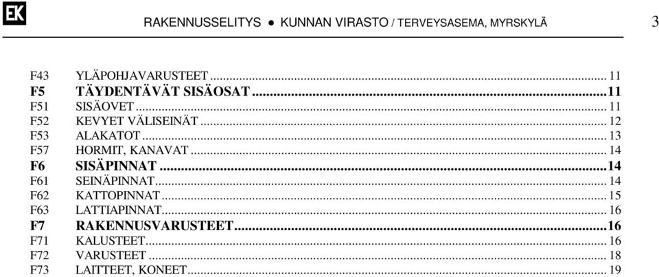 .. 13 F57 HORMIT, KANAVAT... 14 F6 SISÄPINNAT... 14 F61 SEINÄPINNAT... 14 F62 KATTOPINNAT.