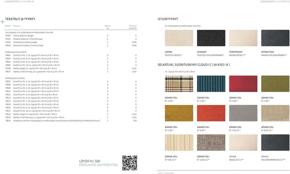 500 Selkänoja Cloud-mallia 79602 Nr. 7, sis. tyynyt 40 40 cm ja 30 30 cm 0 0 79603 Nr. 8, sis. tyynyt 40 40 cm ja 30 30 cm 0 0 79604 Nr. 9, sis. tyynyt 40 40 cm ja 30 30 cm 0 0 79606 Nr. 10, sis.
