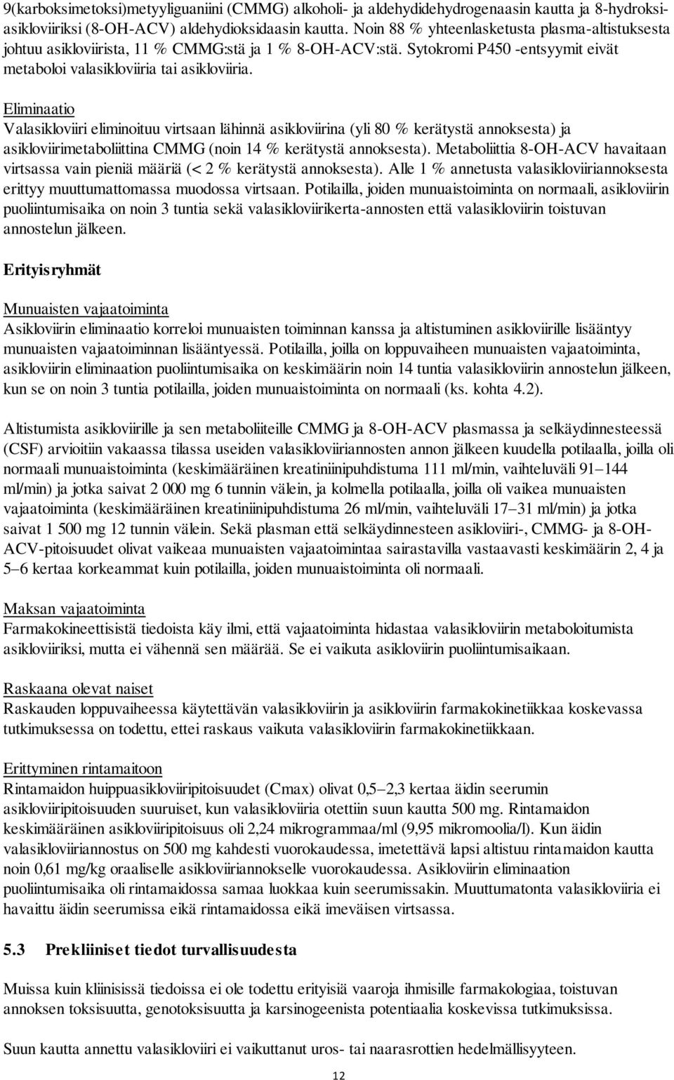 Eliminaatio Valasikloviiri eliminoituu virtsaan lähinnä asikloviirina (yli 80 % kerätystä annoksesta) ja asikloviirimetaboliittina CMMG (noin 14 % kerätystä annoksesta).