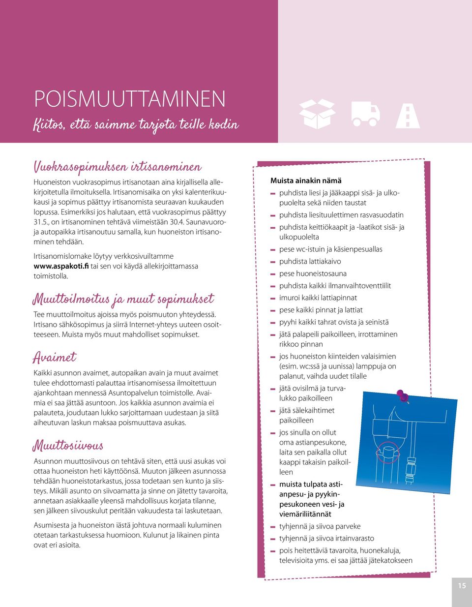 , on irtisanominen tehtävä viimeistään 30.4. Saunavuoroja autopaikka irtisanoutuu samalla, kun huoneiston irtisanominen tehdään. Irtisanomislomake löytyy verkkosivuiltamme www.aspakoti.